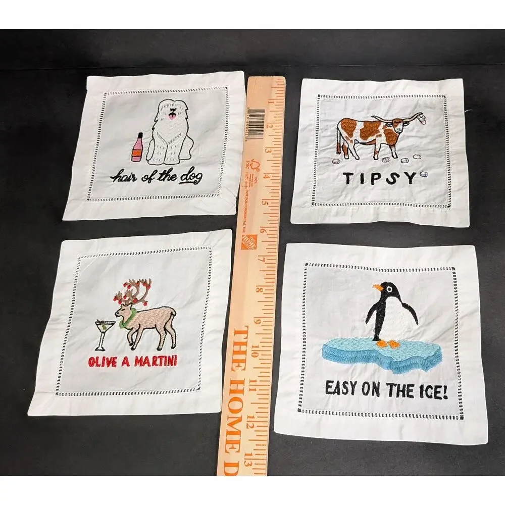 August Morgan Linen Cocktail Napkins Set Of 4 Animal Puns Hair of Dog Tipsy